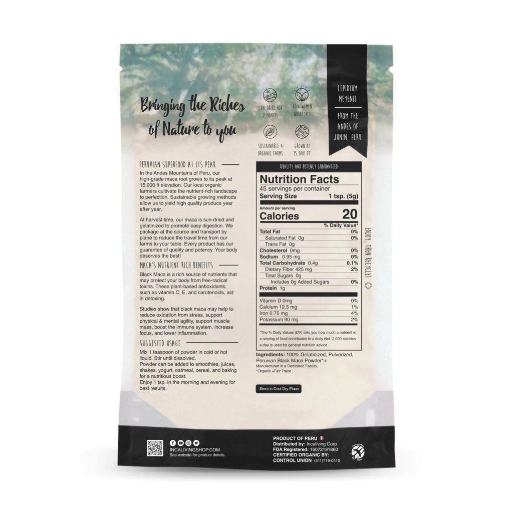 Incaliving Black Maca Powder 250g - back label with benefits and Women Owned badge