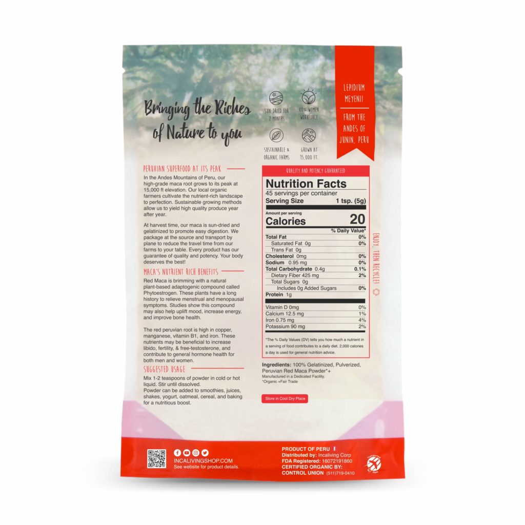Incaliving Red Maca Powder 250g - back label with health benefits