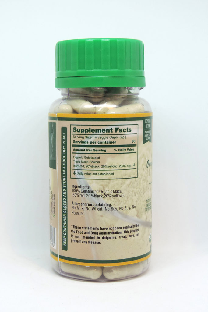 Incaliving Organic Triple Maca Capsules 120 ct - back label with supplement facts