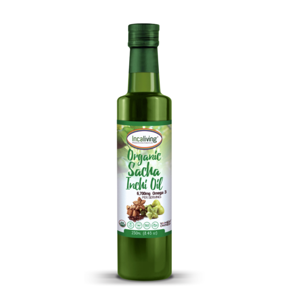 A 250ml(8.45oz) glass bottle filled with organic sacha inchi oil