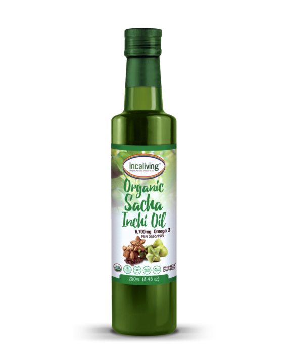 A 250ml(8.45oz) glass bottle filled with organic sacha inchi oil