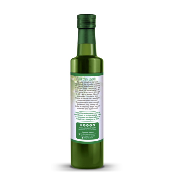 A 250ml(8.45oz) glass bottle filled with organic sacha inchi oil, featuring its description and use