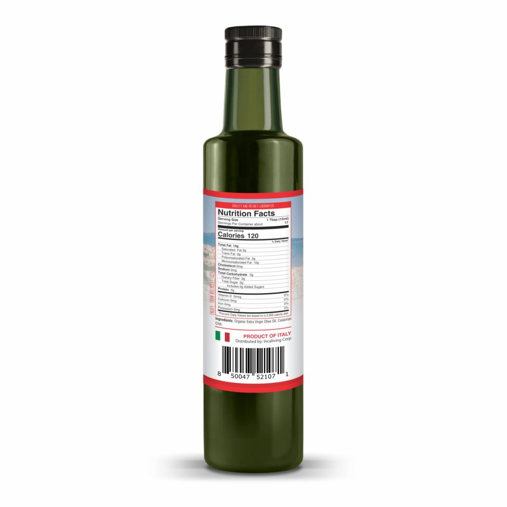 Incaliving Calabrian Chili Oil 250ml - back label with nutrition facts