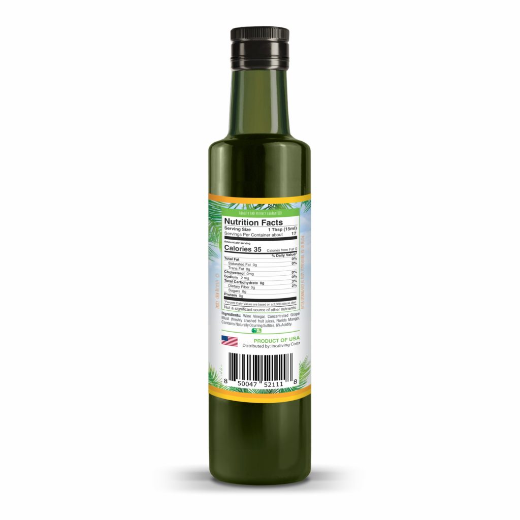 Incaliving Mango White Balsamic Vinegar 250ml - back label with nutrition facts