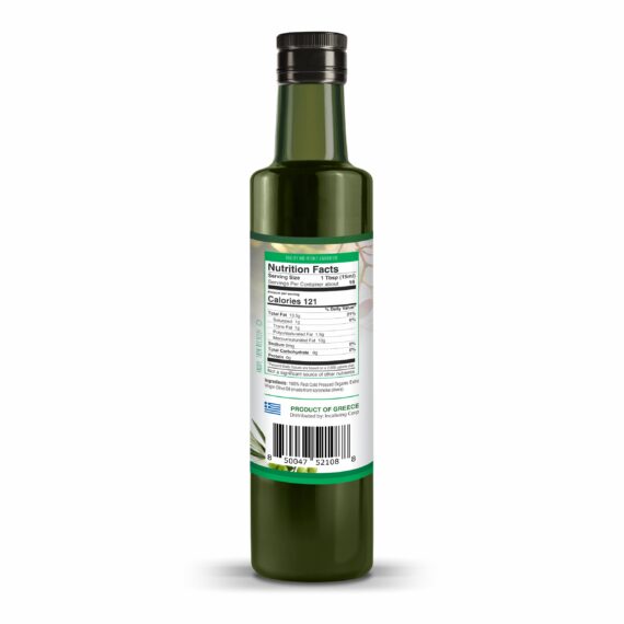 Greek Olive Oil showing the nutritional facts table calories per serving, ingredients, only koreneiki olives
