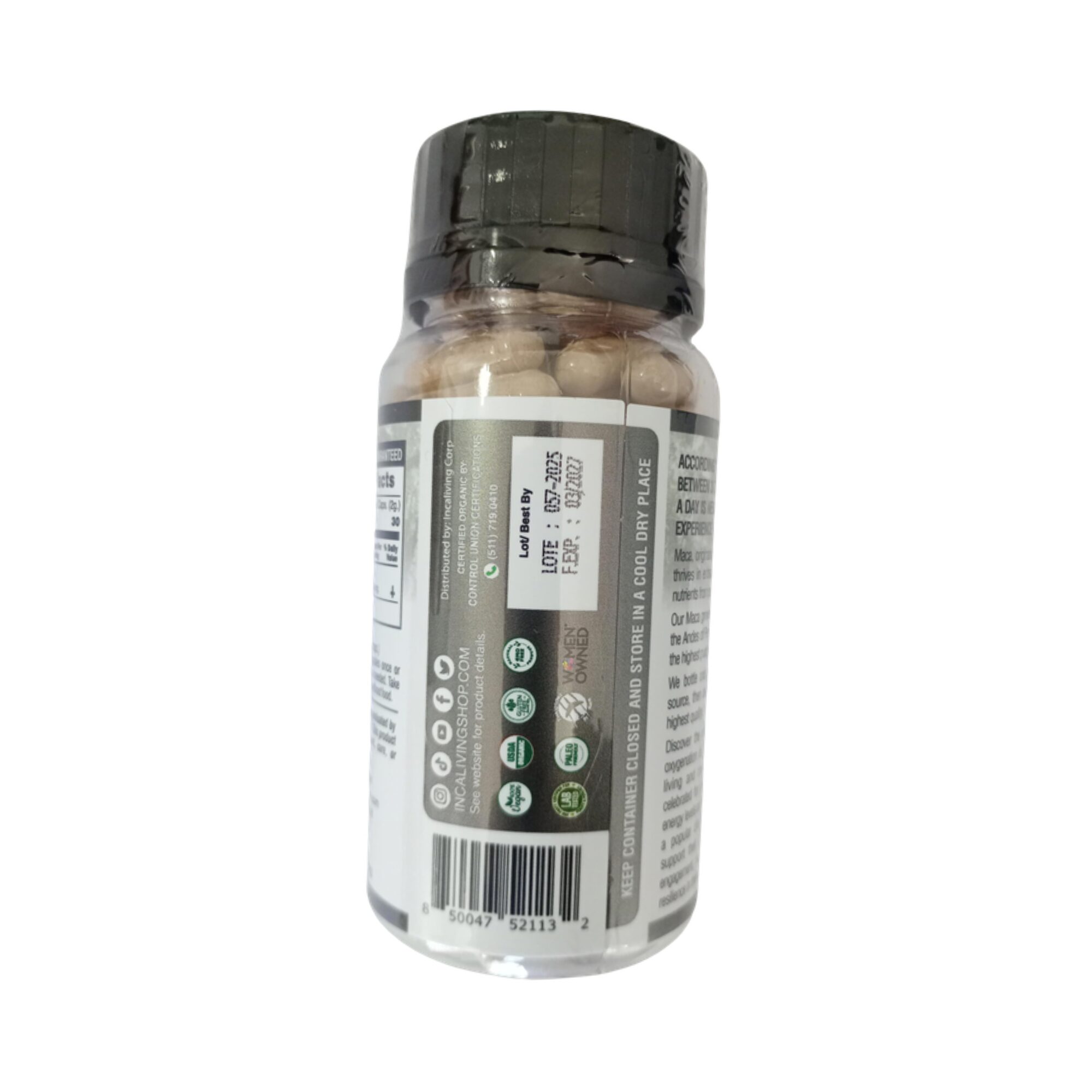 Incaliving Black Maca Capsules - barcode side Incaliving Black Maca Capsules 120 ct - back label with barcode, lot and certifications