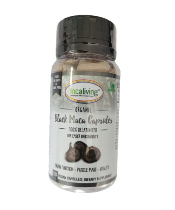 Incaliving Premium Black Maca Capsules 120 veggie caps 500mg - organic Peruvian superfood, front of bottle