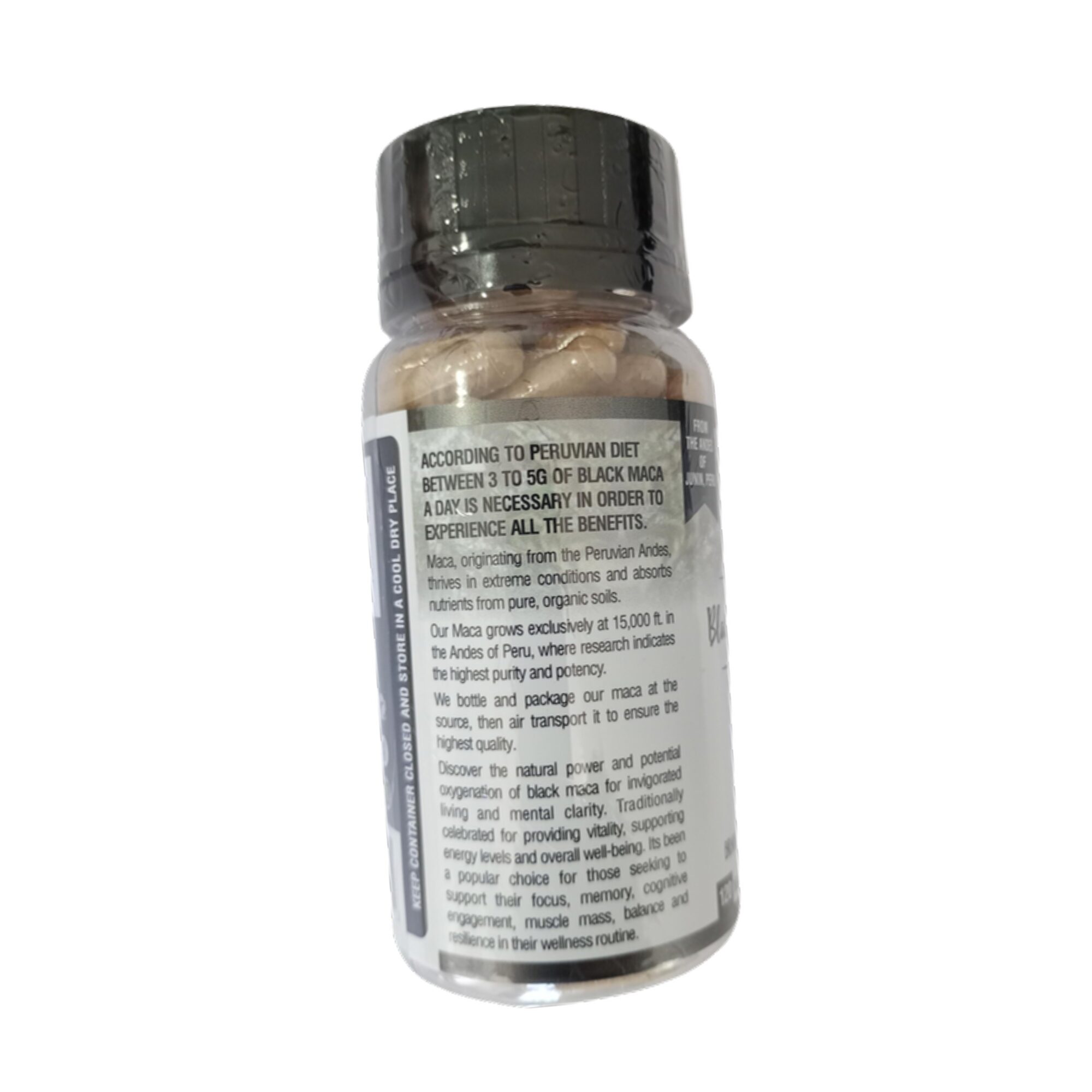 Incaliving Black Maca Capsules - description side Incaliving Black Maca Capsules 120 ct - side label with description and Peruvian diet note