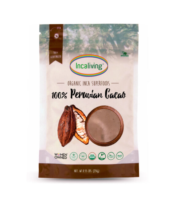 Incaliving 100% Peruvian Cacao Powder 250g pouch - organic Inca superfood, front