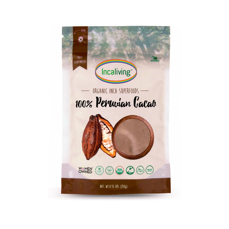 Incaliving Peruvian Cacao Powder 250g - front (2026) Incaliving 100% Peruvian Cacao Powder 250g pouch - organic Inca superfood, front