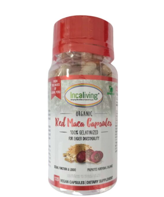 Incaliving Organic Red Maca Capsules 120 veggie caps 500mg - organic Peruvian superfood, front of bottle